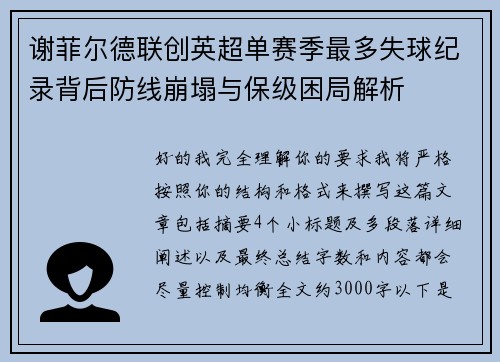 谢菲尔德联创英超单赛季最多失球纪录背后防线崩塌与保级困局解析
